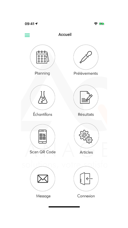 Écran d’accueil de l’application mobile AQ Manager LIMS avec les modules