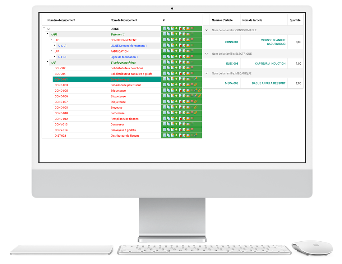 Fonctionnalité arborescence dans AQ Manager GMAO reliant équipements, lignes de production et pièces détachées
