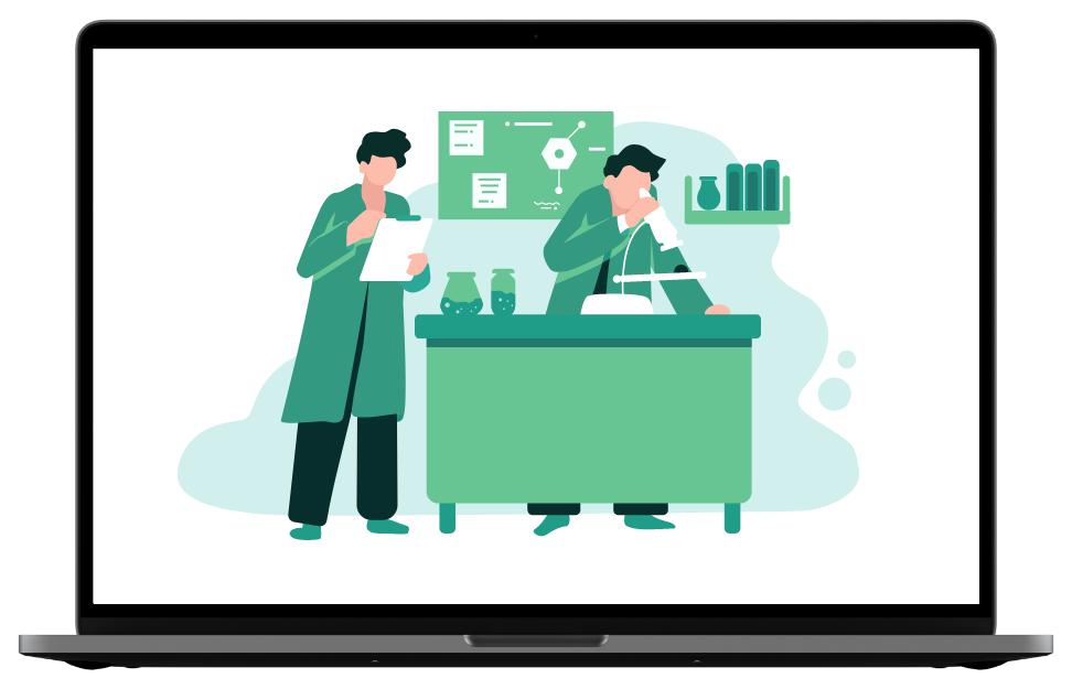 Illustration complète de chercheurs utilisant un LIMS et un ELN pour la gestion des analyses en laboratoire